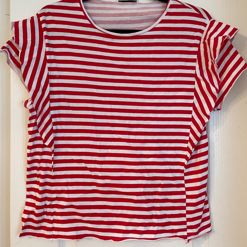 Zara Red White Striped Flutter Cotton TShirt Top S